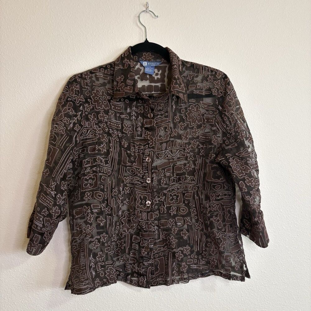 Koret Vintage Y2K Sheer Brown Button Up Blouse Women’s Abstract Flower Mesh S P